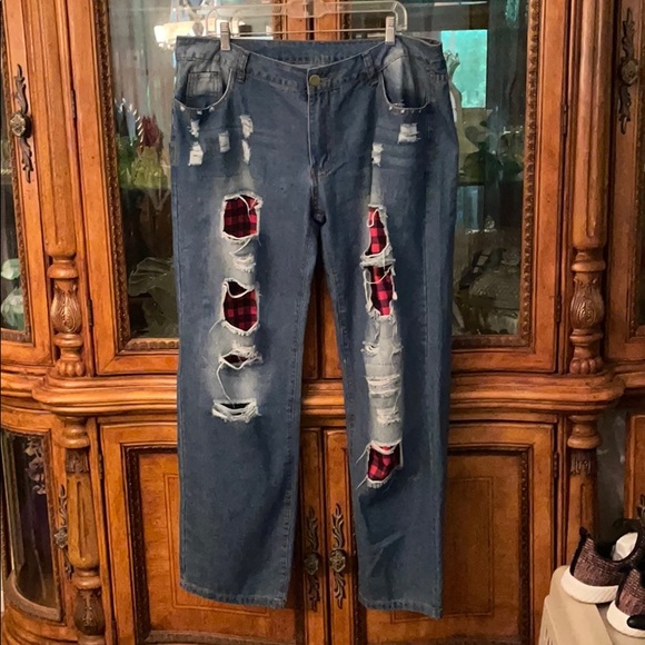Distressed XL jeans with flannel backing wide leg - Picture 5 of 6